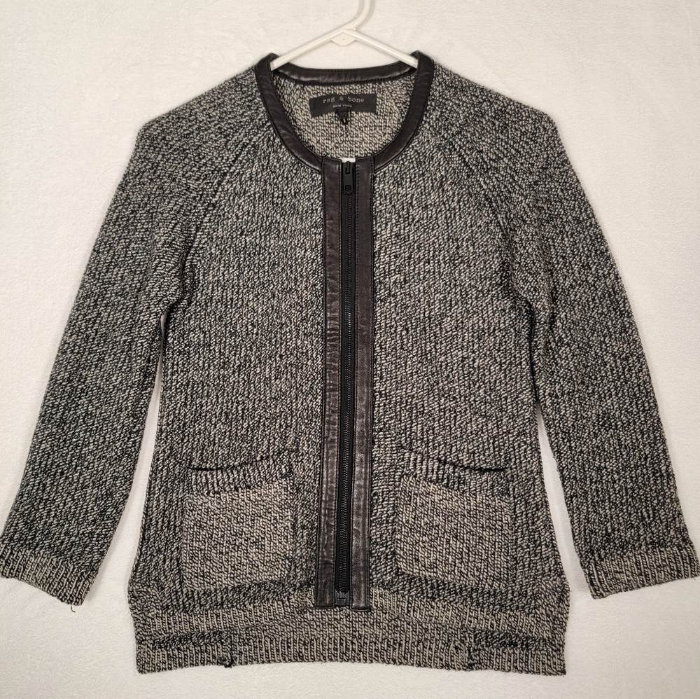 Rag & Bone Leather Trim Zip Cardigan In Gray, Size XXS